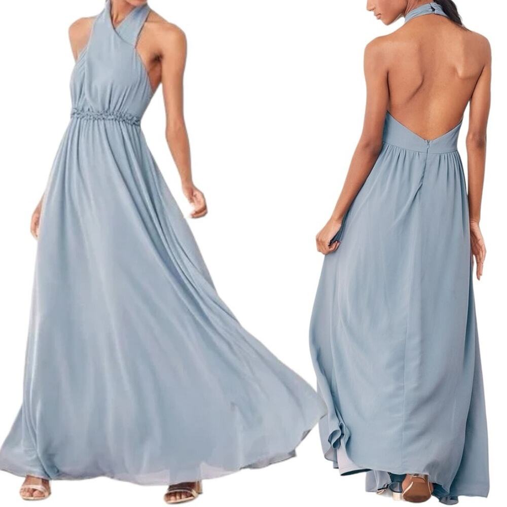 Lulus‎ Don't Let Go Halter Maxi Dress Gown Sm Blue Slate Bridesmaid Prom Formal